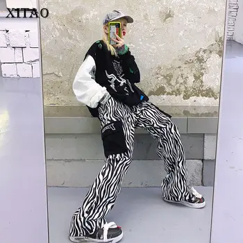 

XITAO Original Design Zebra Pattern Pants Women Embroidered Pocket Vintage Sweatpants Fashion Loose Leisure Streetwear DMY3079