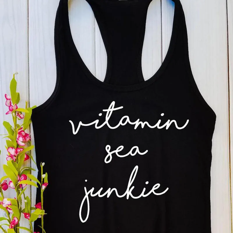 Женские черные топы с надписью «Vitamin Sea», Новое поступление, жилет с круглым вырезом, Женские базовые Топы, летняя хлопковая одежда без рукавов, футболки, Прямая поставка