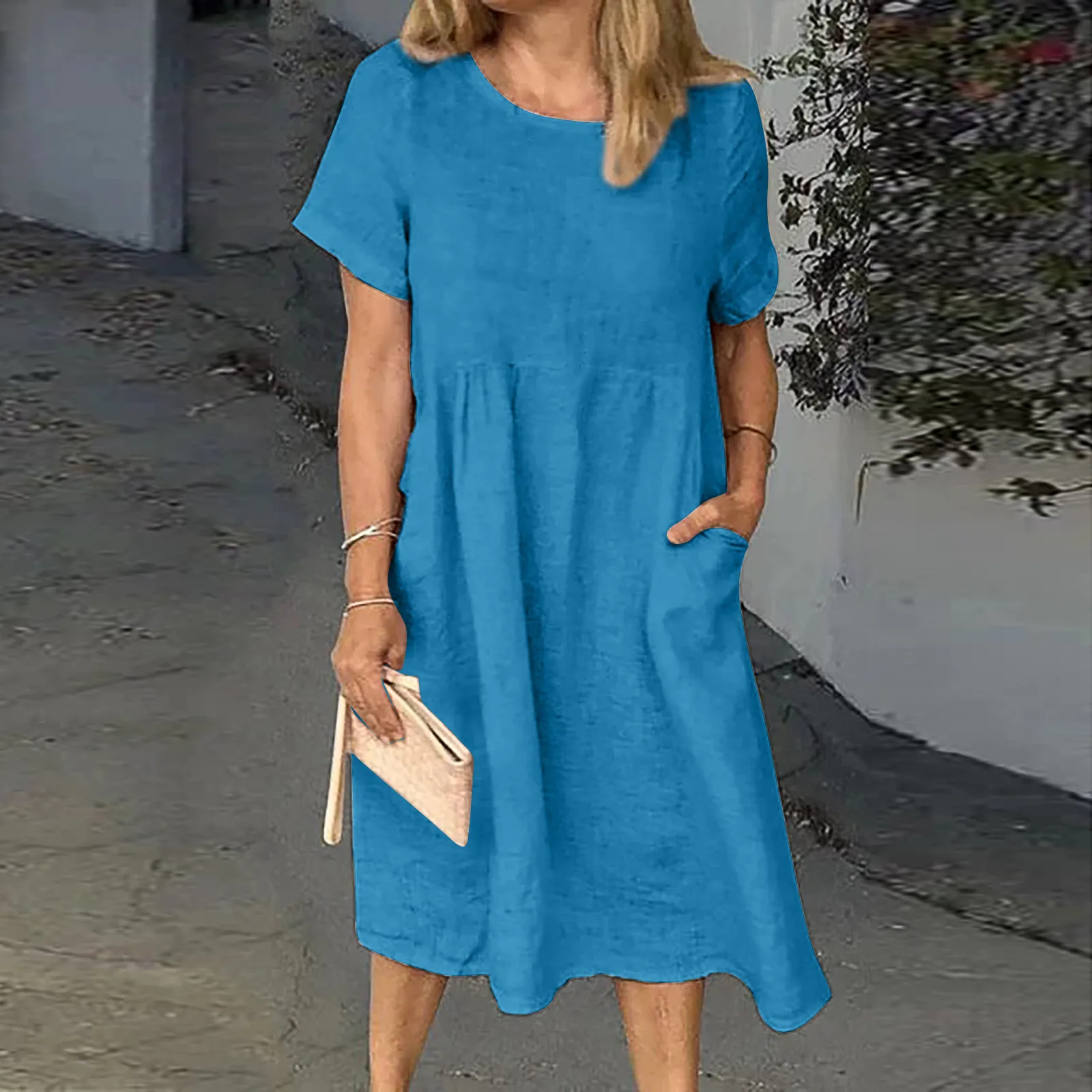Summer Women's Casual Solid Color Dresses Short-sleeve O-neck Dress Pocket Cotton And Linen Dress For Ladies Женский Vestidos 2