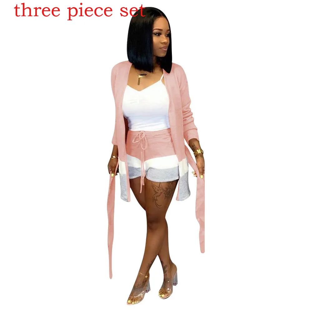 three piece pink Вязаные комплекты из двух предметов, длинные кардиганы в полоску с длинными рукавами, с поясом и шортами, одинаковые комплекты, женские повседневные Костюмы - Цвет: three piece pink