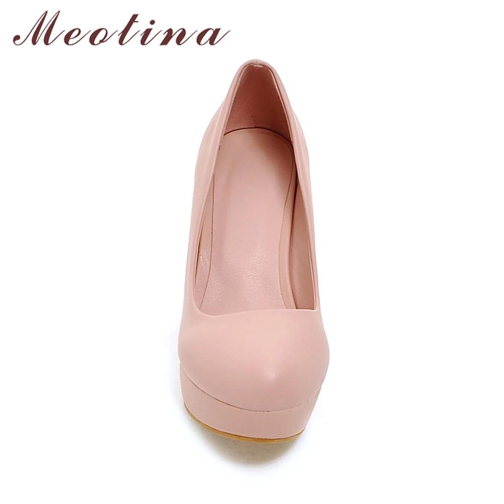Meotina Shoes Women Platform High Heels Pumps Round Toe Block Heel Shoes Female Dress Footwear Spring White Pink Big Size 33-43