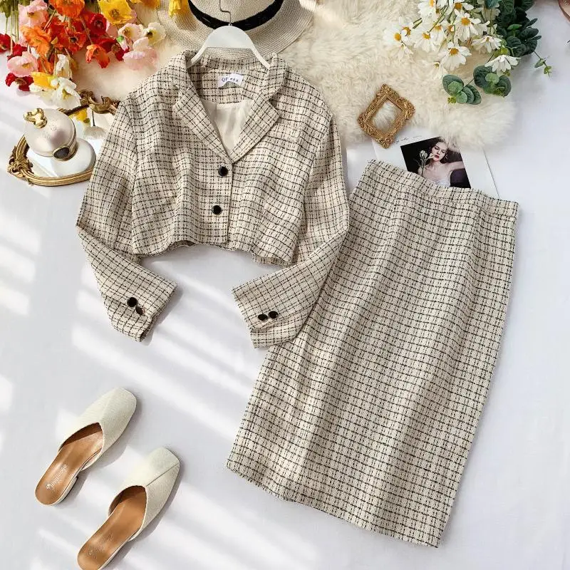 

2019 new fashion women's two piece set women short suit jacket+ high waist skirt temperament two-piece suit