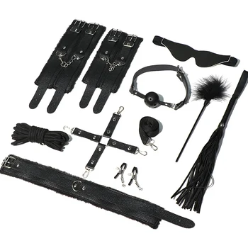 Jiuai 10pcs Set Leather Kits Bondage Handcuffs Nipple Clamps Whip Gag Sex Toys For Adult Game 4