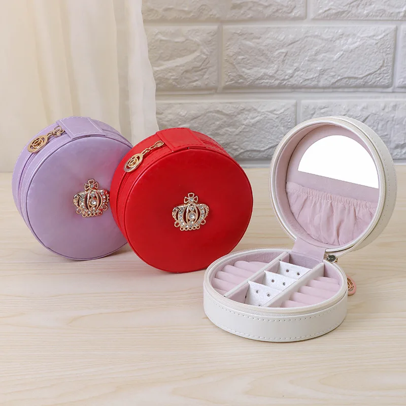 

Korean-style Crown Portable Jewlery Box Simple Ring Earrings Ear Stud Jewelry Box Pu Hide Substance Jewelry Box Wholesale