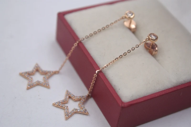 

Solid 18K Rose Gold Dangle Earrings Best Gift Perfect Zircon Star & O Chain Earrings Line 60x13mm 2.92g Fine Jewelry