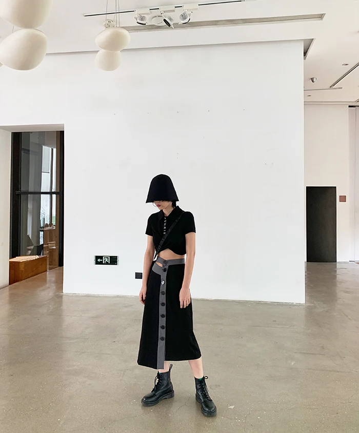 [DEAT] Knited Multi-buckle Hit Color High Elastic Waist Half-body Skirt Women Fashion Tide New Spring Summer 2020 13T204
