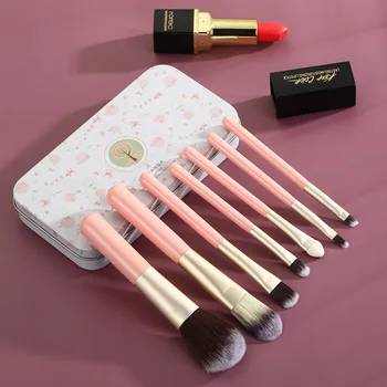 

7 Pcs Makeup Brushes Set Pink Portable Foundation Eyeshadow Eyebrows Brush Soft Brush Head and Wooden Handle with Iron Box