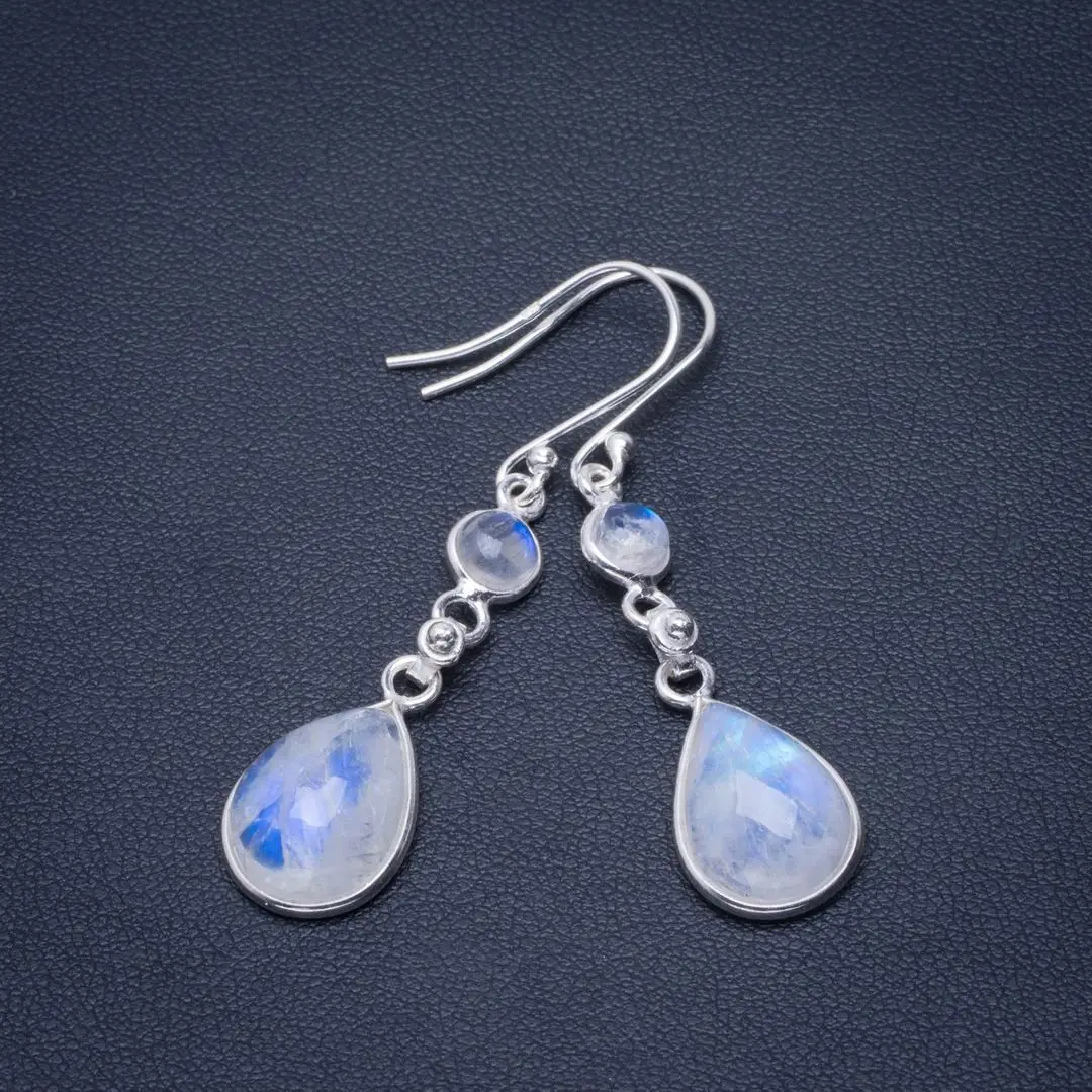 

Natural Rainbow Moonstone Handmade Unique 925 Sterling Silver Earrings 2" B2750