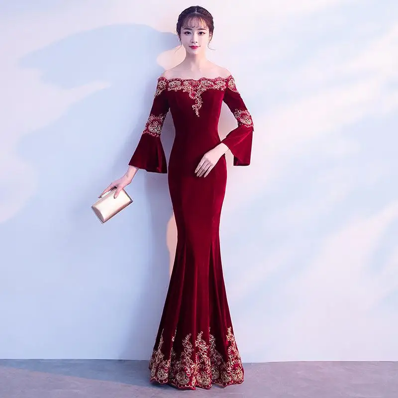 Серое китайское женское миди платье для выпускного вечера Cheongsam Половина рукава Кружева цветок Формальные Вечерние платья сексуальные элегантные роскошные Vestidos De Festa - Цвет: Claret Velvet