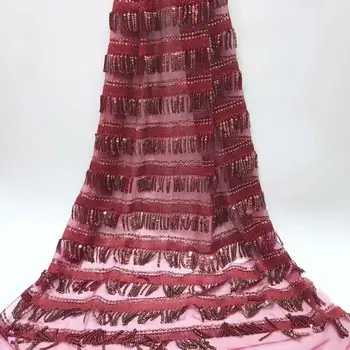 

Wine Red Fringed lace French Lace Fabric High Quality Tulle Net Lace Fabric 5 Yards Embroidery Nigerian Lace Fabric For Women