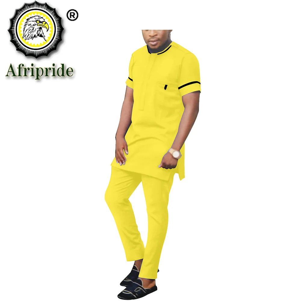 

Tracksuit Men African Clothing Short Sleeve Blouse and Pants Suit Crop Top Dashiki Shirts Pockets Plus Size Casual S2016025