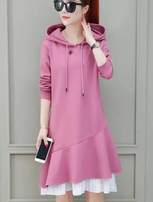 Hooded shirt ins over the knee  dress fishtail fake two pieces