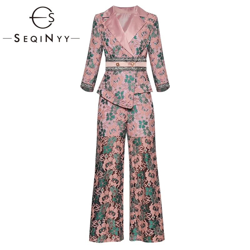 

SEQINYY Pink Set 2020 Summer Autumn New Fashion Design Long Sleeve Jacket + Loose Long Pants Flowers Printed Lace Suit