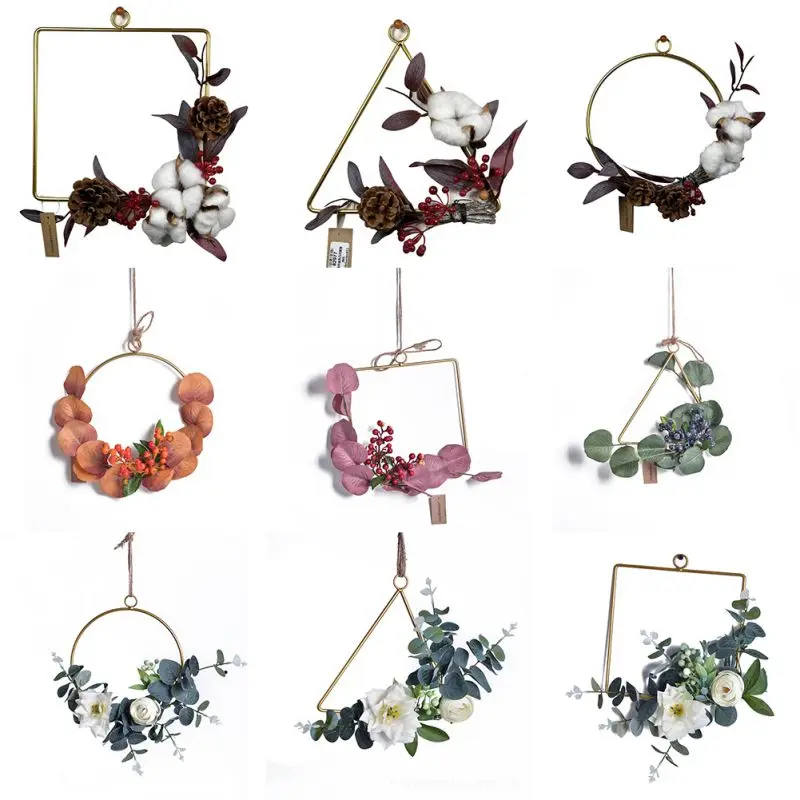 Geometric Wreath Metal Wreath Hemp Rope Set Green Plant Hanging Ring Wall Hanging Ornament Wall Home Simulation Decoration