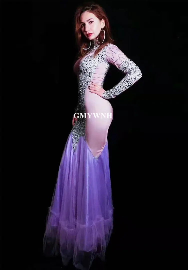Y90 фиолетовое блестящее вечернее платье длинный рукав горный хрусталь стрейч сексуальное длинное платье женские Вечерние наряды певица