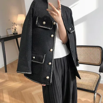

HLHPYHB Women Pearl Button Tweed Coat Retro Classical Celebrity V Neck Outwear Jacket Winter Female Lacing Belt Waist Outerwear