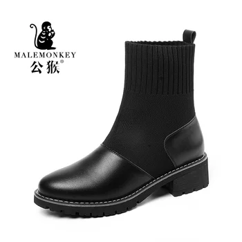 

2019 Autumn Women Boots High Street Designer Knitting Black Ankle Boots Ladies Platform Casual Shoes