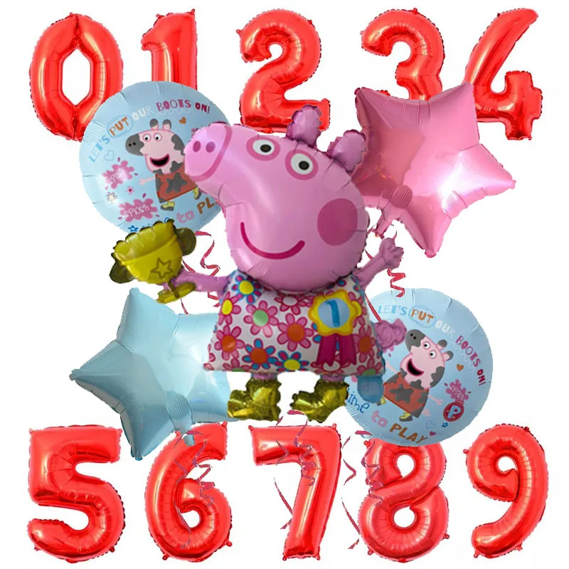 6pcs Cartoon Peppa Pig Foil Balloons 32inch red 0-9 Baby Boy Girl Helium Globos Happy Birthday Party Room Decorations Kids Toys - Цвет: Насыщенный сапфировый