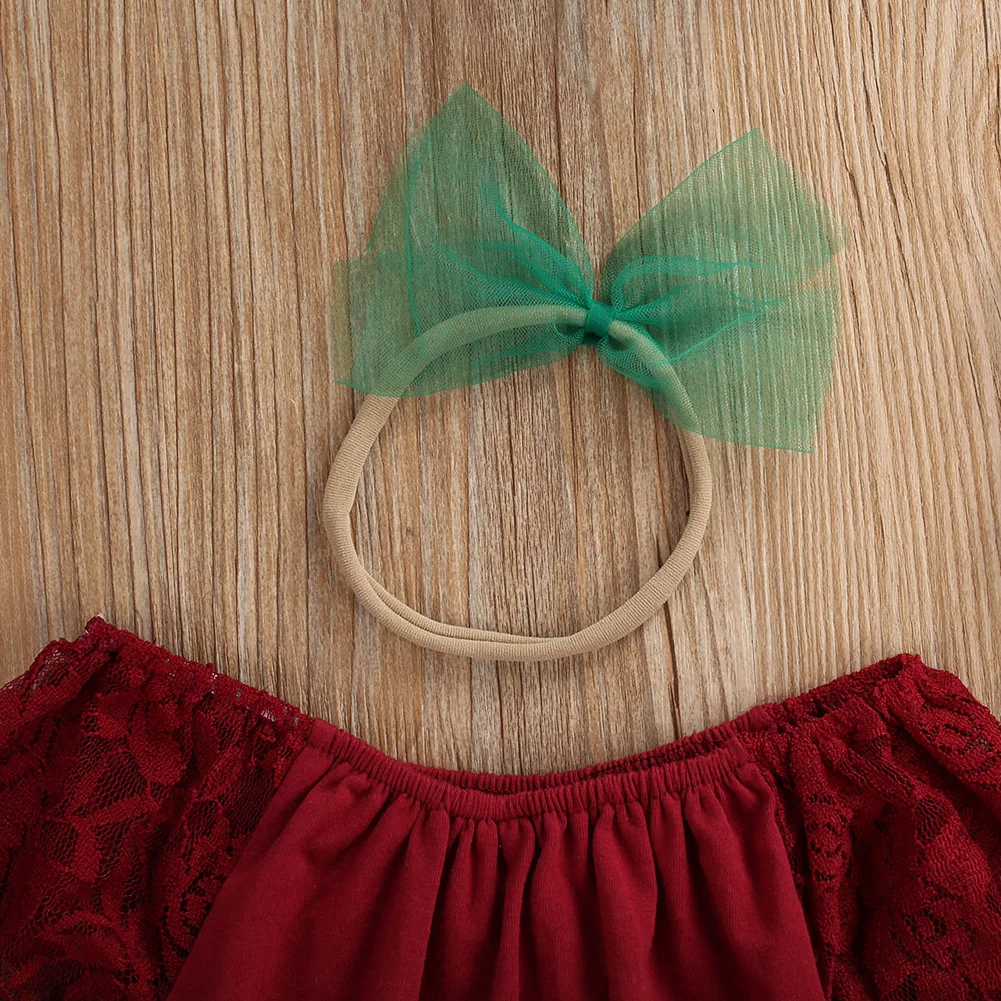 Комплекты рождественской одежды для малышей; топ с открытыми плечами для маленьких девочек+ Кружевная юбка-пачка; повязка на голову; праздничный наряд из 3 предметов;