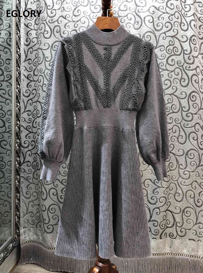 ^*Best Offers High Quality Sweater Dress 2019 Autumn Winter Grey Black Knitted Dress Women Hollow Out Lace Embroidery Patchwork Dress Knitwear