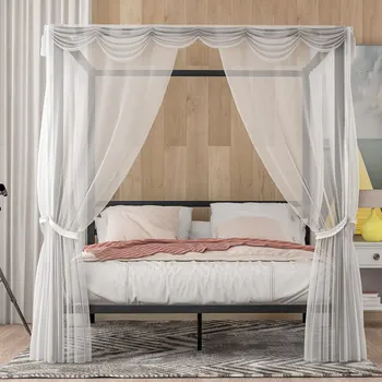 

metal framed canopy platform bed frame strong steel mattress no box spring needed support bedroom furniture queen size