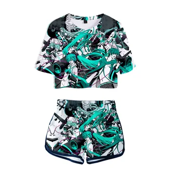 

Anime Hatsune Miku Two Piece Set Summer Sexy Cotton T shirt Woman Shorts and Crop Top Fashion Tracksuit