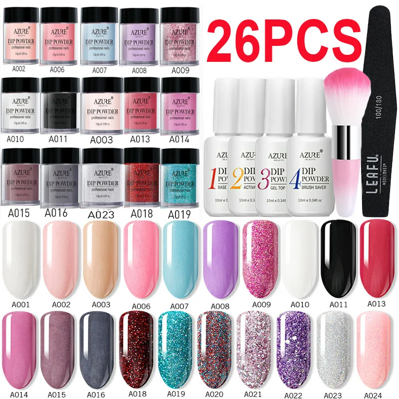 

Azure Beauty 26Pcs/Lot Dipping Powder Glitter Dip Powder Kits Nail Art Gradient Color With Base Gel Top Nail Gel Activator Sets