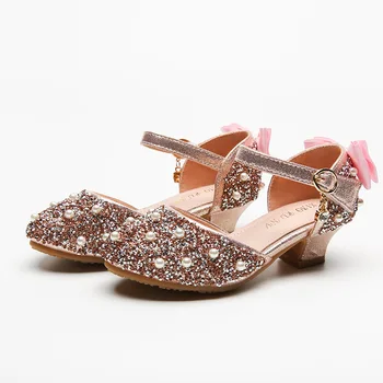 

Girls Sandals 2020 Summer Children's Pearl Sequined Mid Heel Shoes Fashion Princess Shoes