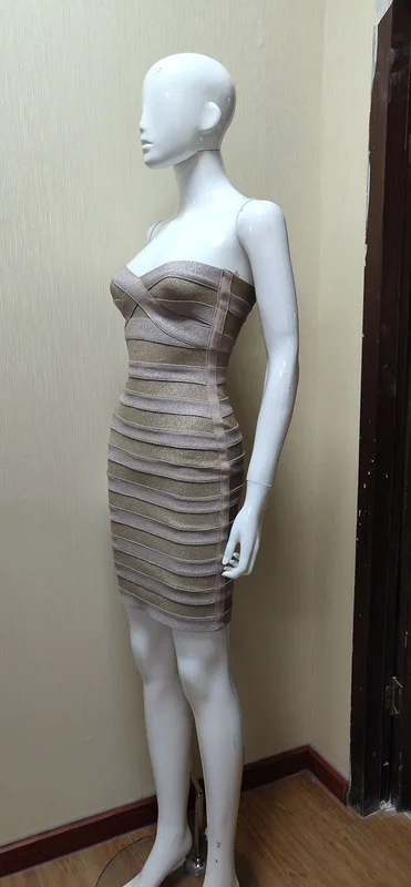 Высокое качество хаки без бретелек Полосатый Bodycon Бандажное Платье милое платье для выпускного вечера