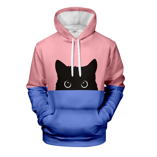 BIAOLUN Chat Noir Et Blanc 3D Pouplar Sweat À Capuche Femme Kawaii