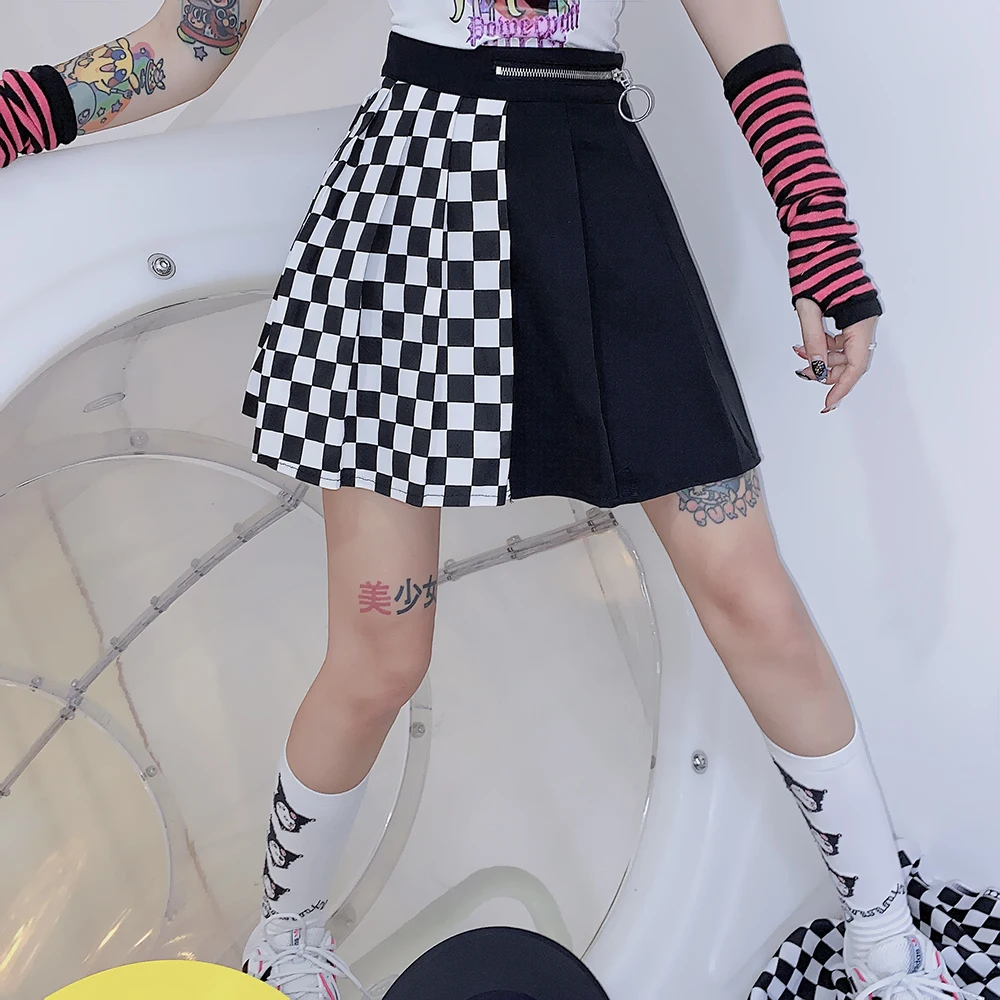 

Pleated Checkerboard Skirts Womens Gothic Vintage Plaid A-line Skirts High Waisted Casual Korean Sweat Short Summer Mini Skirt