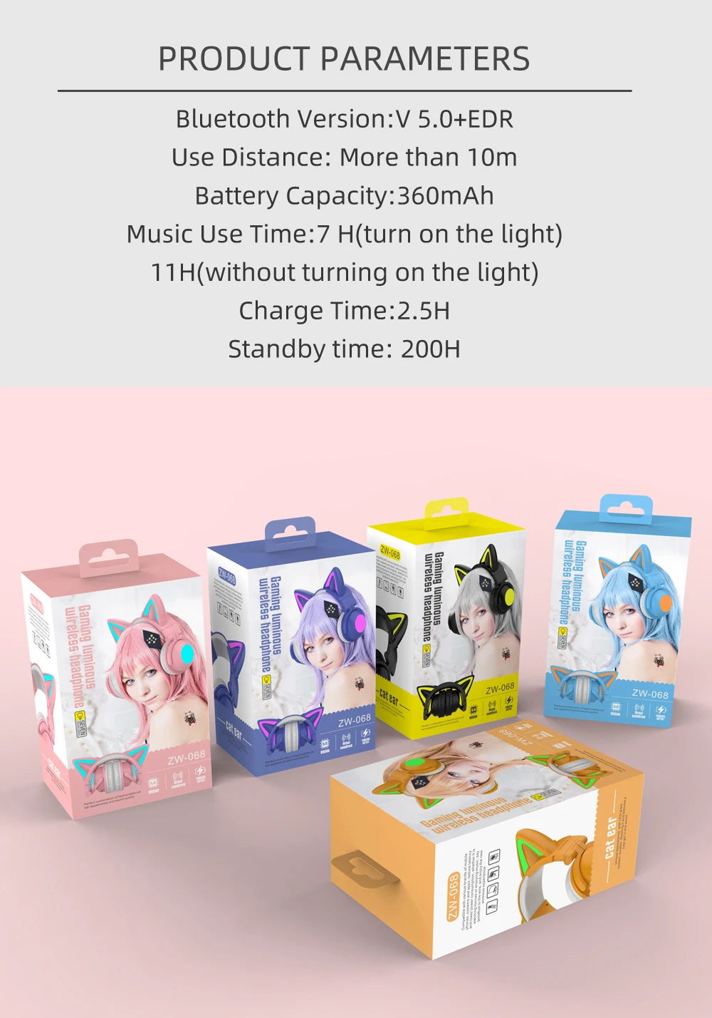 New ZW068 Bluetooth5.0 Headphone Wireless Headset With HD Microphone Cat Ear Cute LED Light Flashing for Girl Gift