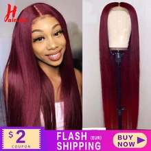 HairUGo – perruque Lace Front Wig brésilienne Remy, cheveux naturels, lisses, couleur bordeaux 99J, pre-plucked, pour femmes, 180%