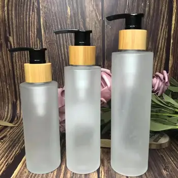 

120ml bamboo series frosted glass cosmetic cream jar 20ml amber dropper bottle lotion spray glass bottle with bamboo cap lid