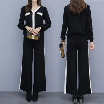 

V Neck Stripe Bow Knitted tracksuit Women Knit Sweaters Wide leg Pants 2PCS Sets Long Sleeve Sweater Pullovers Trousers Suits