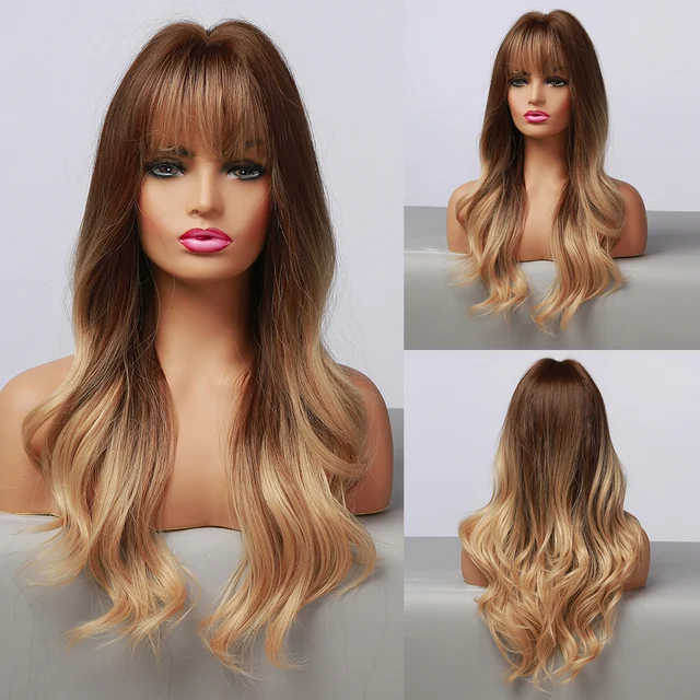 LOUIS FERRE Highlight Colored Wig for Women Long Wave Brown Blonde Ombre Bob Hair Wig with Bangs Daily Heat Resistant Fibre wig lc007-1