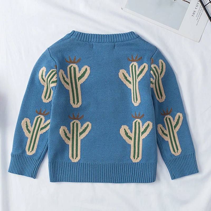 Весенне-осенние вязаные свитера для маленьких мальчиков и девочек, жаккардовые свитера для девочек с узором кактуса, детская одежда, свитер для мальчиков и девочек