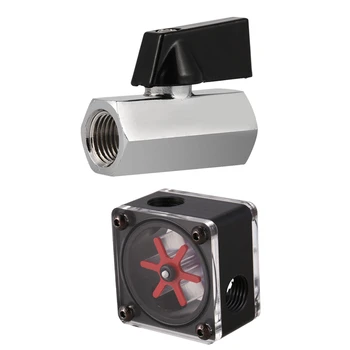 

2 Pcs Accessories for PC Computer Water Cooling System: 1Pcs G1/4 Thread Hose Connector Ball Valve Switch & 1Pcs Flowmeter Indic