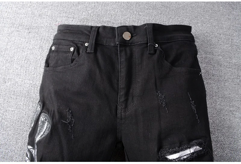 Sokotoo мужские вышитые змея черные рваные узкие сильно облегающие джинсы Рваные Лоскутные стрейч джинсовые брюки