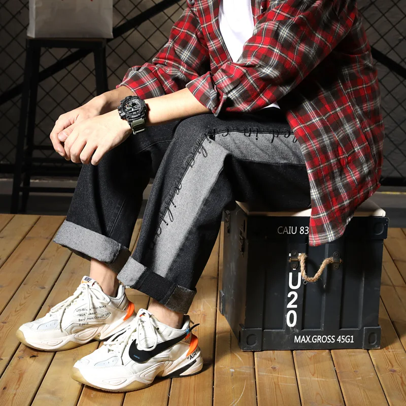 Vintage Men Jeans Fashion Patchwork Straight Pants Streetwear Printed Hip Hop Loose Wide Leg Trousers Male BIG SIZE Clothes 5XL 1