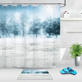 

Christmas Snowy Forest Print Bath Shower Curtain Winter Snowflake Bathing Curtain Floor Mat Waterproof Home Bathroom Decor