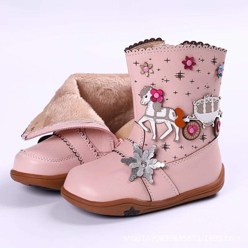 Pink Cotton Детская обувь; сапоги для маленьких девочек; коллекция года; рождественские детские зимние сапоги; сапоги до середины икры из толстой кожи для девочек; Дизайнерская обувь принцессы с объемным рисунком - Цвет: Pink Cotton