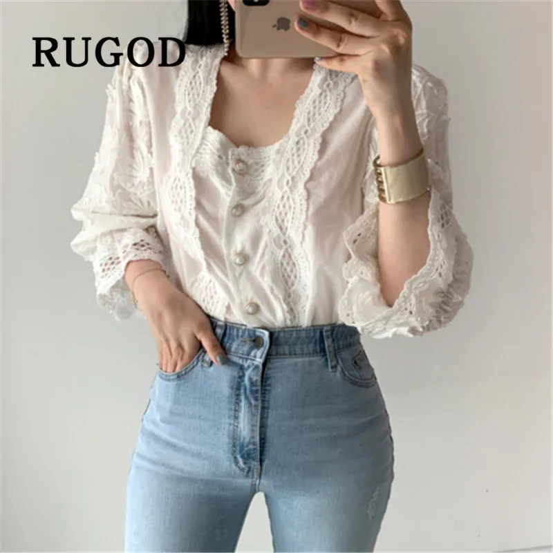 RUGOD Новая Осенняя однотонная блузка для женщин с квадратным воротником жаккардовая однобортная кружевная блузка модная женская Элегантная туника