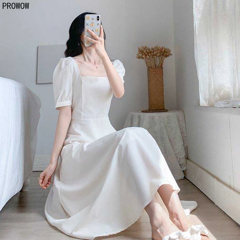 2020 Summer Retro White Square Collar Dress Women Korean Party  Puff Sleeve High Waist Dress Elegant Office Female Dress French