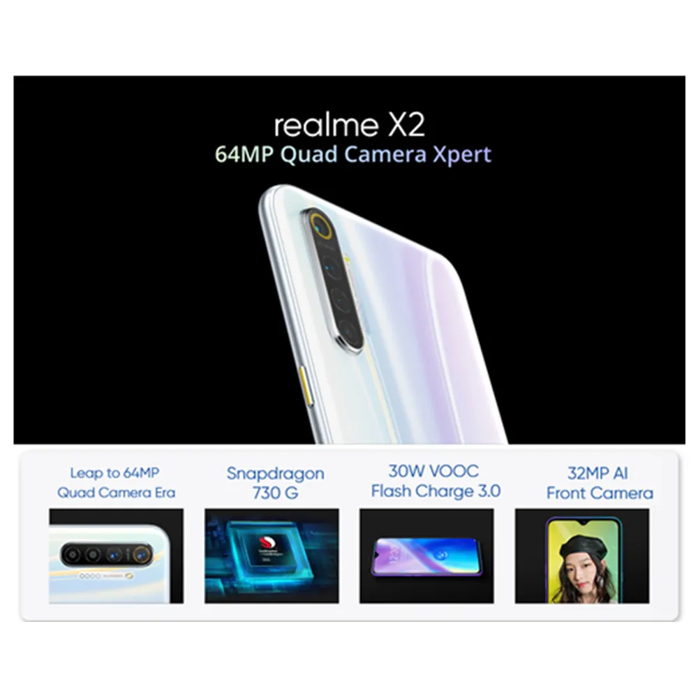 Новая модель Oppo Realme X2 Смартфон Snapdragon 730G Android 9,0 6," 2340X1080 64.0MP+ 32.0MP экран Fingrprint NFC 8 Гб 128 ГБ