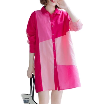 

Pink Patchwork Long Women Shirts 2020 Summer New Long-Sleeved Turn-Down Collar Casual Female Shirts Outwear Coat Tops
