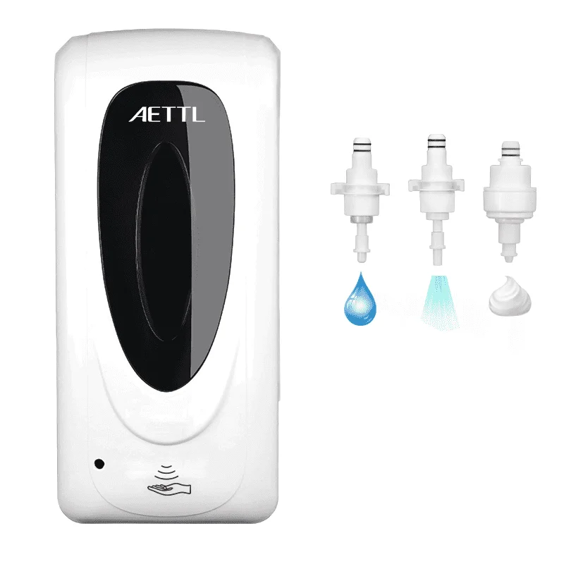 Distributeur gel hydroalcoolique mural, angle latéral montrant le réservoir transparent.