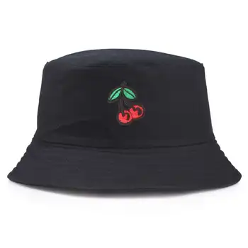

Summer Style Small Fresh Cherry Embroidery Bucket Hats Men Women Streetwear Hip Hop Travel Beach Seaside Flat Top Caps Panama