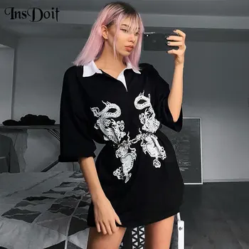 

InsDoit Gothic Dragon Print Black Short Sleeve T-shirt Streetwear Harajuku Turndown Collar Tshirts Punk Casual Long T-shirts