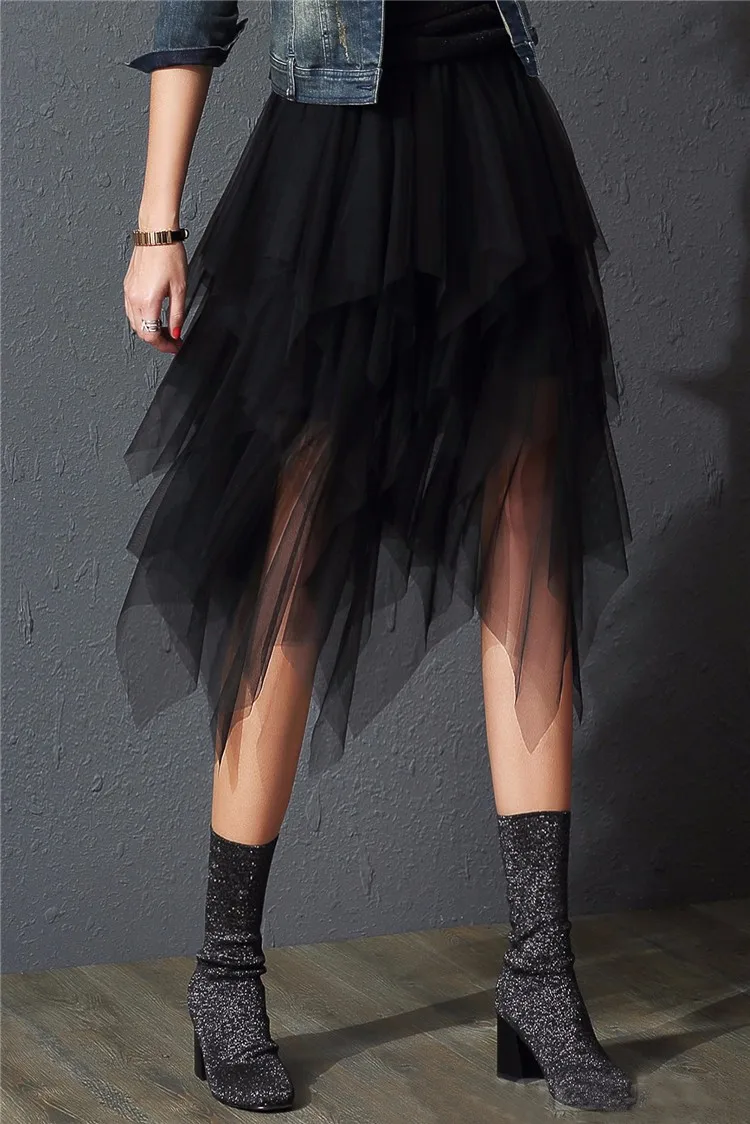 Женские юбки новая корейская мода эластичная высокая талия Асимметричная юбка-пачка плиссированная сетка длинная юбка миди Тюлевая юбка Faldas Mujer